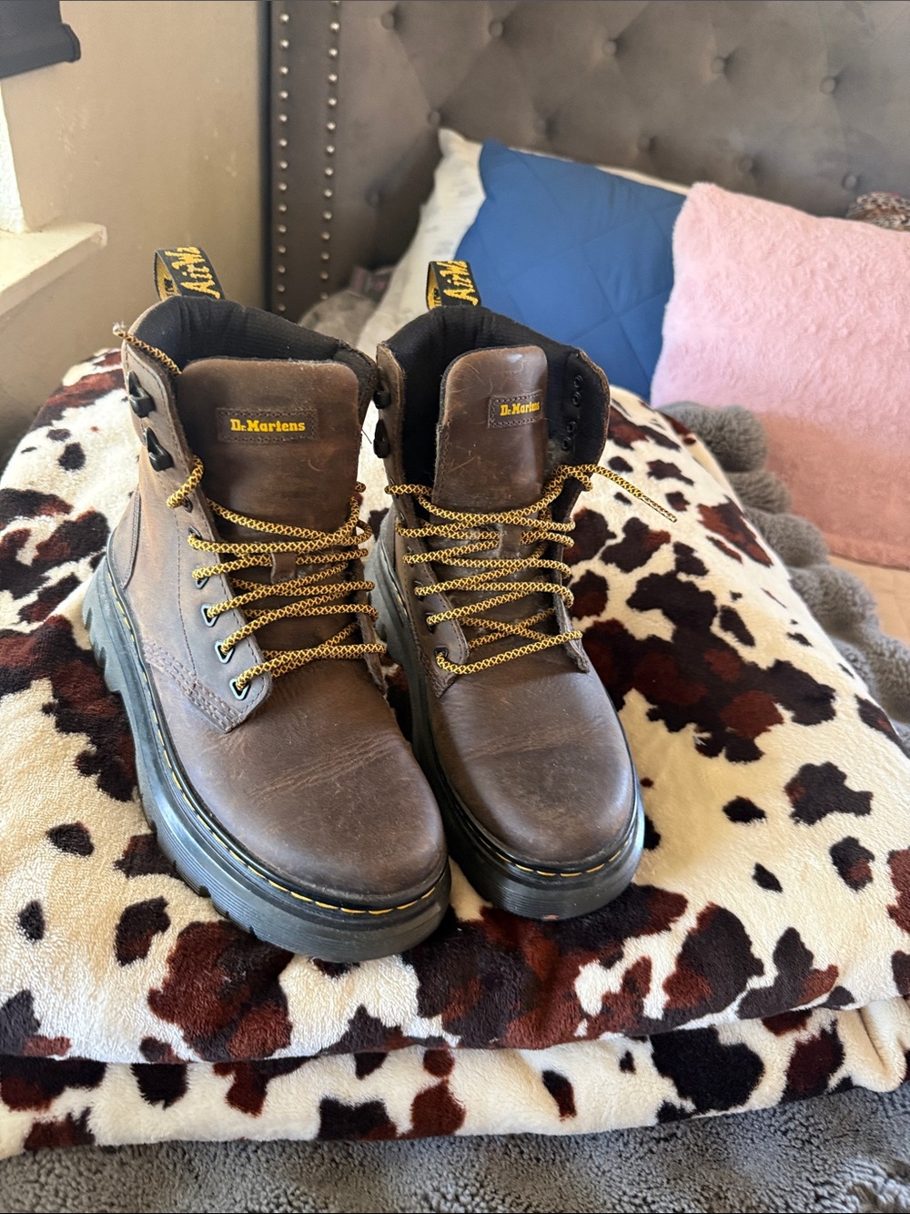 Dr. Martens Brown Leather Lace-Up Work Boots with Yellow Stitching